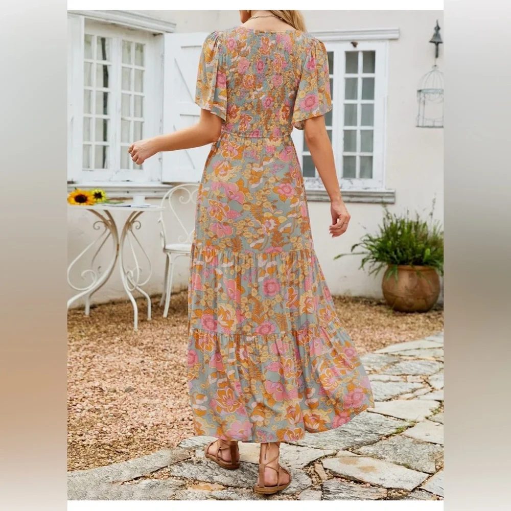 ZESICA Women's Floral Print Flutter Sleeve Smocked High Waist Flowy Maxi Dress - Picture 2 of 6